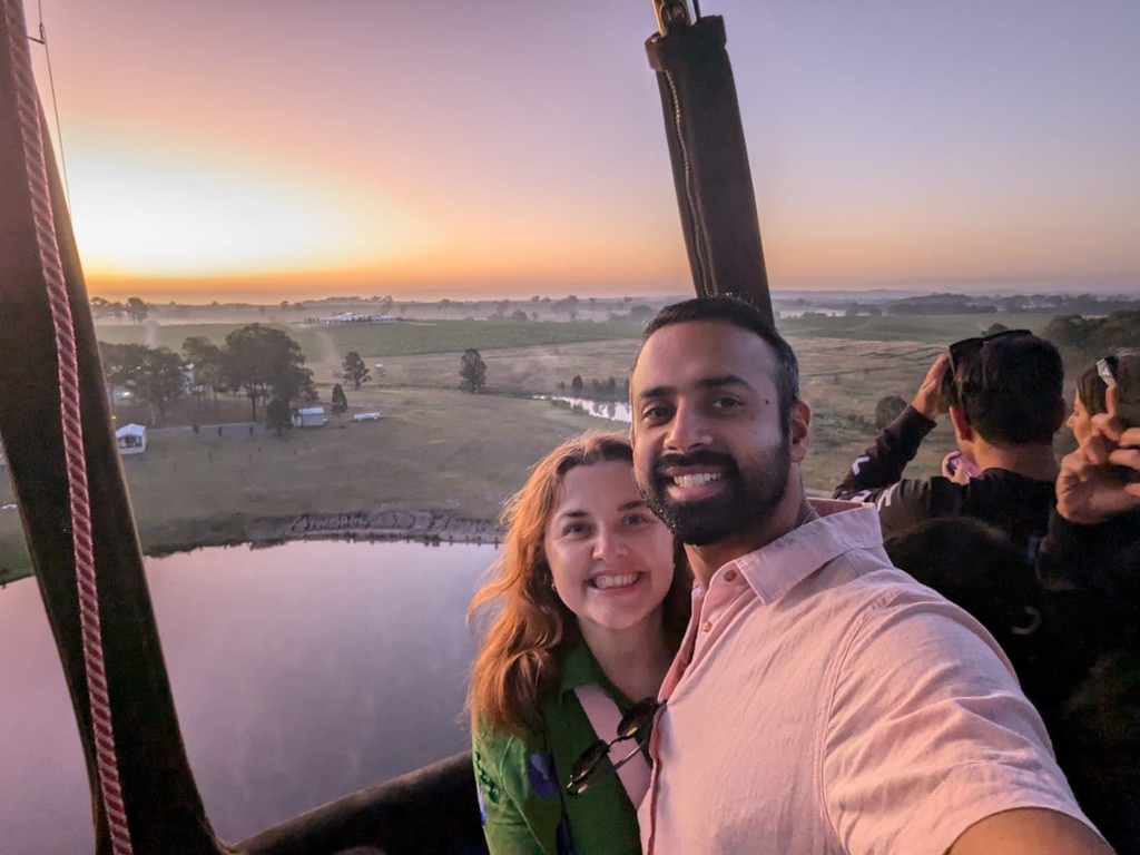 Tetiana and Uzair on a sunrise hot air balloon ride